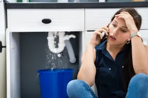 In this engaging scene set in Lafayette, IN, a woman, visibly frustrated, sits on the floor clutching a phone to her ear. Water cascades from a leaking pipe under her kitchen sink, splashing into an overburdened blue bucket below. The urgency of the situation is palpable as she likely seeks immediate plumbing solutions to halt the impending flood. Her tense expression and phone-in-hand reflect her desperation for a quick fix to this unexpected home emergency. The image vividly captures the chaos and stress of dealing with sudden plumbing disasters at home.