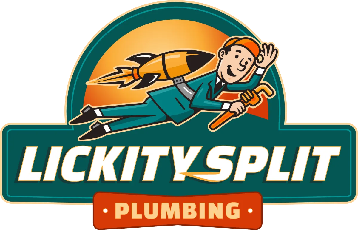 Ad Header: Explore the dynamic logo of "Lickity Split Plumbing," featuring a whimsical cartoon plumber soaring through the sky. Equipped with a gleaming wrench in one hand and propelled by a powerful jetpack, this character bursts with energy against an eye-catching backdrop of vibrant orange and refreshing green. Perfectly capturing speed and efficiency, this playful imagery highlights the brand's commitment to quick solutions with flair.