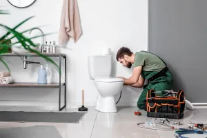 A skilled plumber, dressed in green overalls, expertly kneels beside a pristine white toilet, demonstrating top-notch plumbing solutions in a chic modern bathroom. His toolbox is open nearby, with tools scattered around it. The stylish Lafayette, IN bathroom boasts a sleek and minimalistic design featuring an elegant sink and neatly arranged towels that add to the overall streamlined aesthetic.