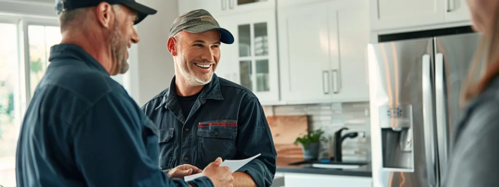 a friendly plumber, dressed in a branded uniform, engages with a satisfied client in a bright, clean home, showcasing polished plumbing equipment amid a neat workspace that radiates professionalism and reliability.