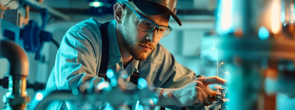 a friendly plumber expertly assembles various pipes in a clean, well-organized workspace, illuminated by bright natural light, showcasing a professional atmosphere with subtle aqua tones and a focus on advanced techniques and equipment.