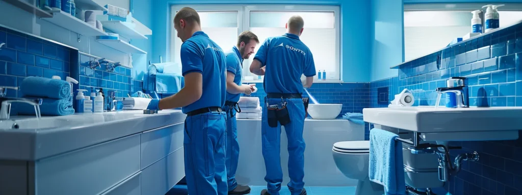 a team of friendly plumbers efficiently troubleshoot plumbing issues in a bright, inviting bathroom, showcasing their branded uniforms and clean tools amidst neatly arranged pipes and faucets, illuminated by natural light in soothing blue tones.