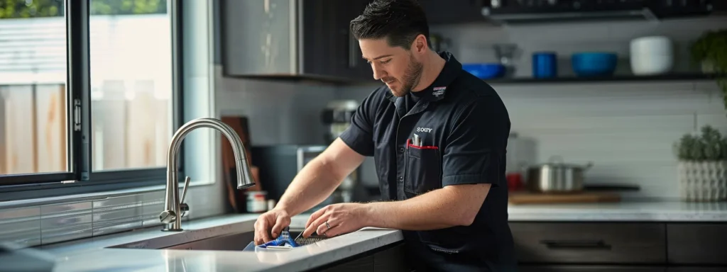 a friendly plumber expertly installs a sleek faucet in a beautifully designed kitchen, surrounded by clean lines and bright natural light that highlights the harmonious blend of modern fixtures and subtle aqua accents, showcasing professionalism and care in every detail.