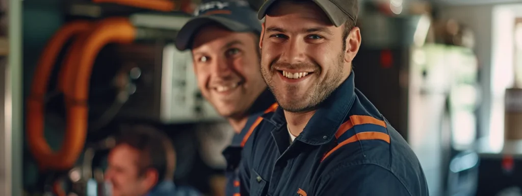 a team of friendly plumbers, smiling and dressed in neat branded uniforms, collaborates in a bright, clean home filled with visible plumbing equipment, as they meticulously ensure compliance with plumbing codes and regulations under the warm natural light.