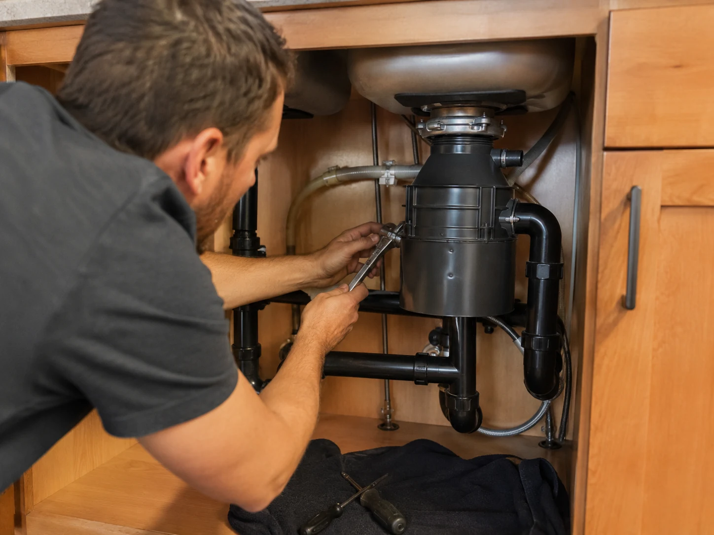 replace garbage disposal Lafayette IN plumber checking kitchen sink plumbing
