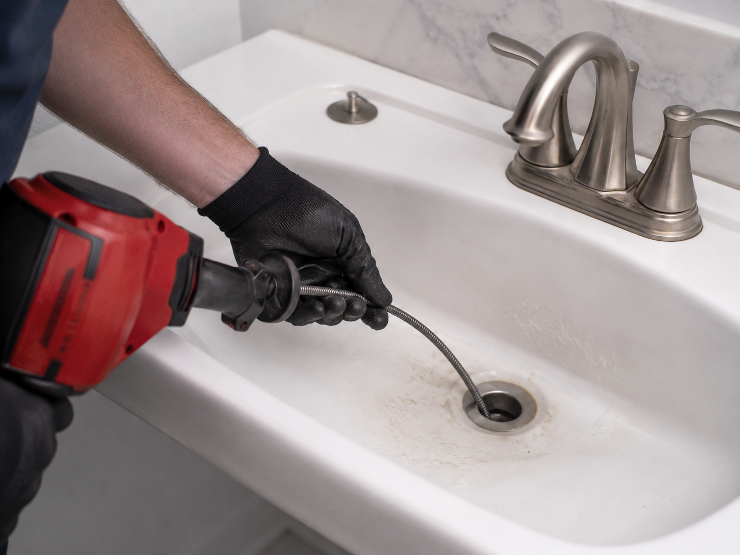 Plumber inspecting a recurring drain clog in Lafayette IN
