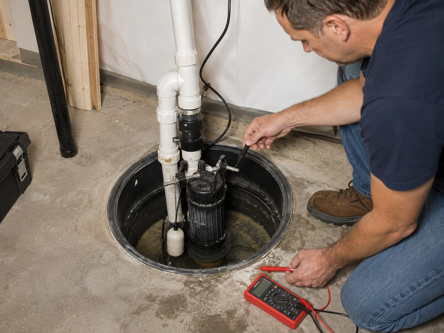 sump pump failing Lafayette IN plumber checking a basement sump pump