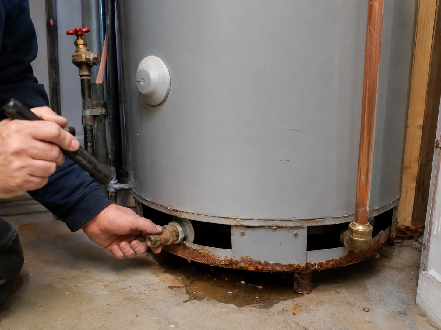 replace water heater Lafayette IN plumber inspecting an older residential water heater