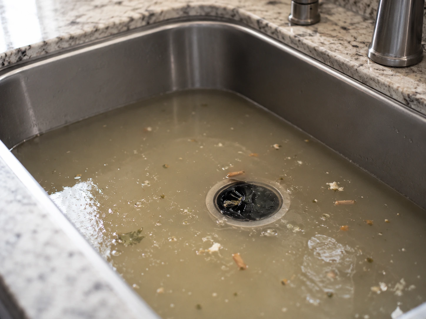 Cloudy kitchen sink backup with food debris caused by a clogged garbage disposal drain