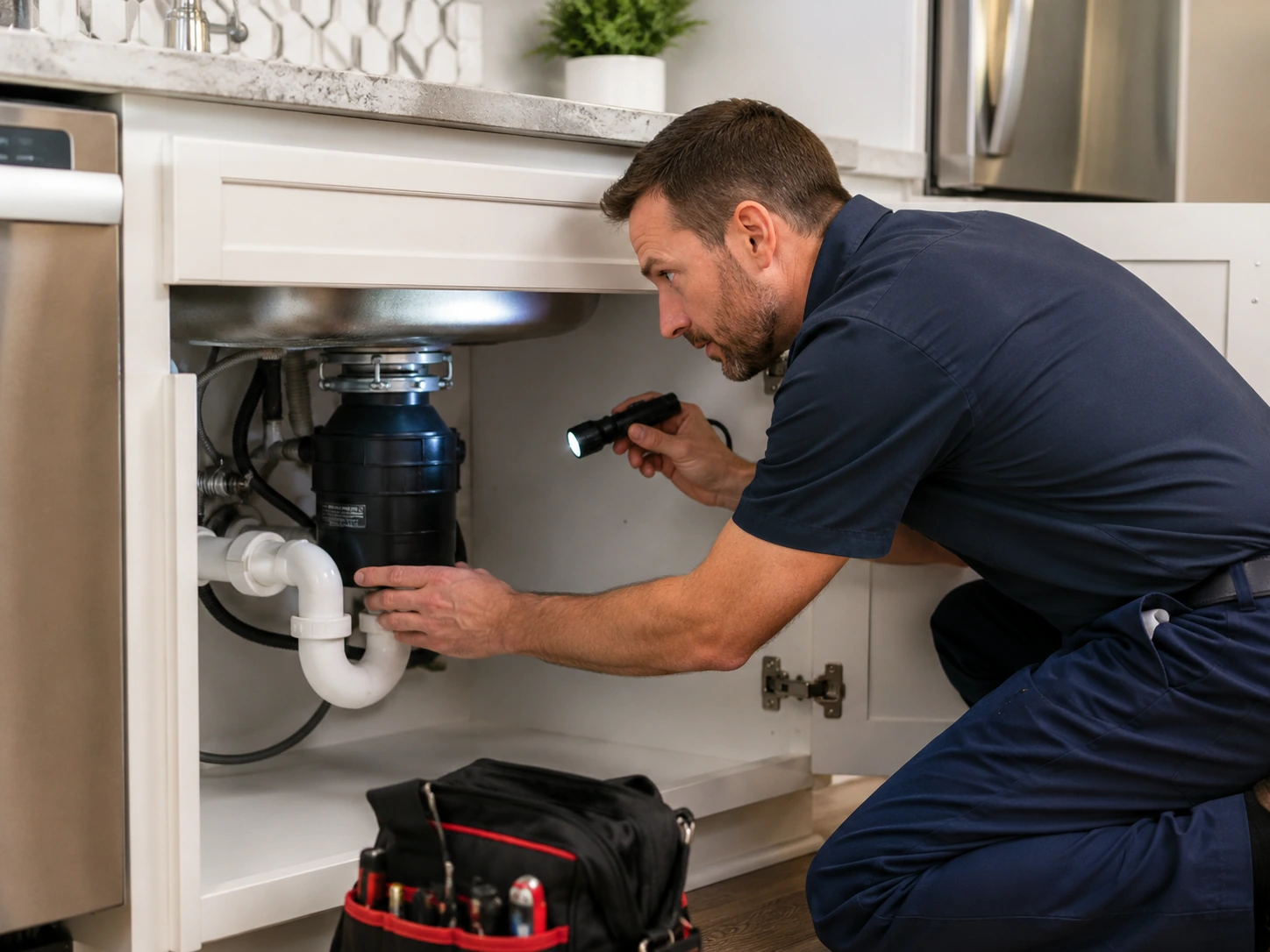 Plumber inspecting garbage disposal and kitchen drain pipes under a sink