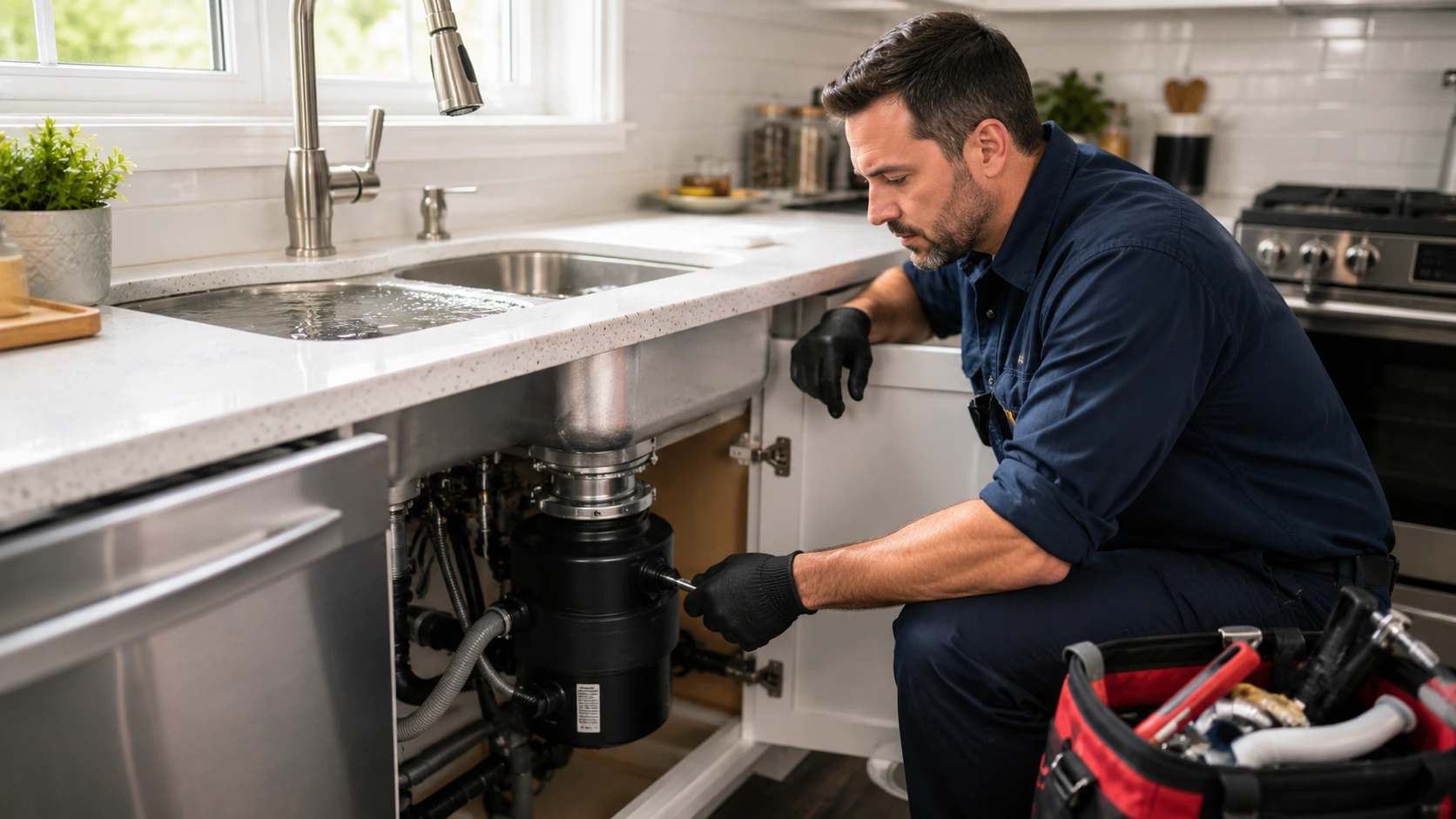 Kitchen sink backing up when running garbage disposal in a Lafayette home